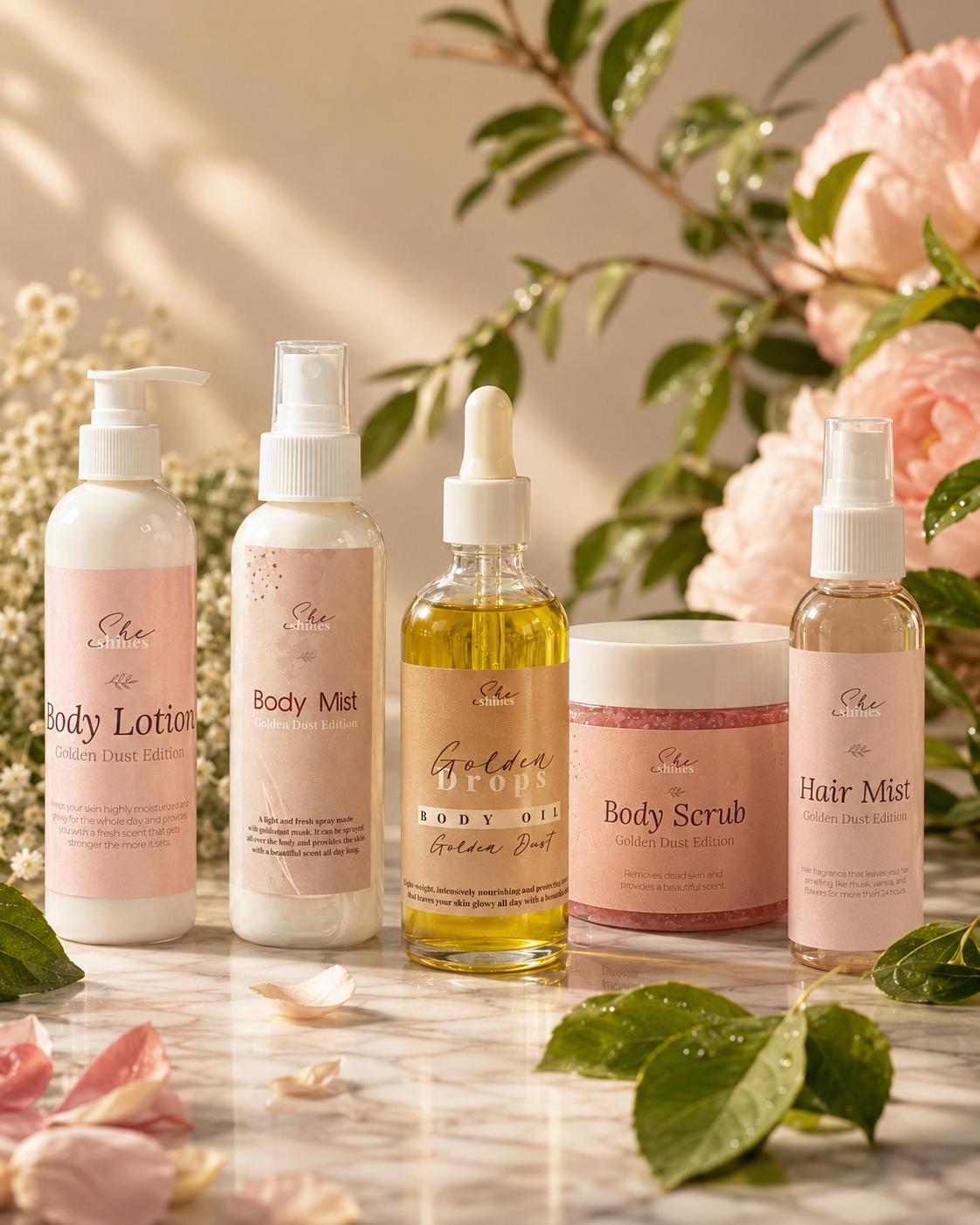 Warm beige, golden, radiant, hero product group.
